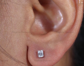 Emerald Cut Lab Grown Diamond Stud Earrings, 14K Solid White Gold One Diamond Earrings, Dainty Diamond Earring, Gift For Daughter Earrings