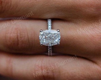 2.50CT Certified Elongated Cushion Cut Diamond, Pavé Band Hidden Halo, Lab Grown Diamond Solitaire With Accent Ring, Engagement Ring For Her
