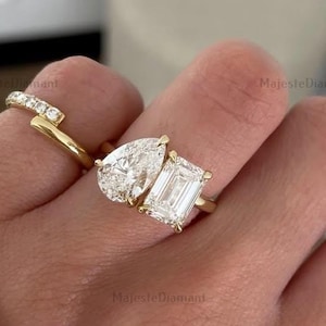 Emerald & Pear Cut Diamond Toi Et Moi Engagement Ring, 10K Solid Yellow Gold Lab Grown Diamond Two Stone Ring, Proposal Ring, Gift For Women