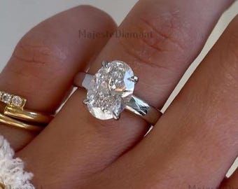 3.00 CT Oval Cut Lab Grown Diamond Solitaire Ring, 18K Solid White Gold CVD Diamond Engagement Ring, Solitaire Bridal Ring, Handmade Jewelry