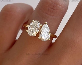 Oval & Pear Cut Lab Grown Diamond Toi Et Moi Ring, 10K Solid Yellow Gold, Two Diamond Engagement Ring, Bridal Jewelry, Anniversary Gift