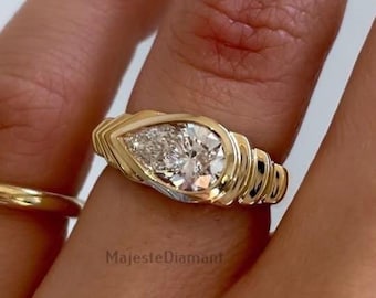2.00 CT East West Pear Cut Solitaire Diamond Ring, Lab Grown Diamond, 10K Yellow Gold Pear Full Bezel Engagement Ring, Unique Bridal Jewelry