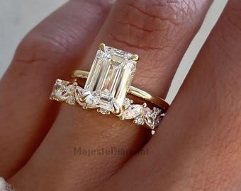 3.00 CT Emerald Cut Lab Grown Hidden Halo Diamond Ring Set, Full Eternity Band, 10K Solid Yellow Gold Engagement Ring Set, Bridal Ring Set