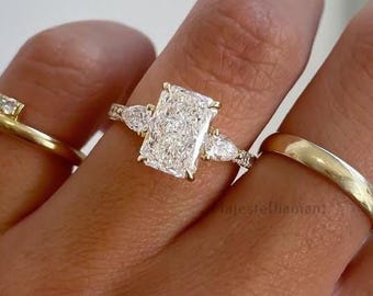 2.50CT Radiant Lab Grown Diamond Three Stone Ring, 18K Solid Yellow Gold Diamond Engagement Ring, Solitaire With Accent Ring, Gift For Women