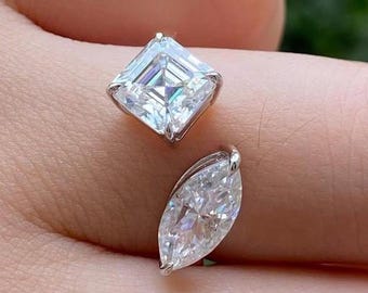 Marquise & Asscher Cut Diamond Toi Et Moi Wedding Ring, 10K Solid Yellow Gold Two Stone Ring, Lab Grown Diamond Proposal Ring, Handmade Ring