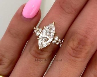 2.00 CT Marquise Cut Lab Grown Diamond Cluster Ring, 14K Solid Yellow Gold Engagement Ring, IGI Certified Bridal Jewelry, Anniversary Gift
