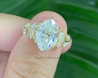 2.00 CT Marquise Cut Lab Grown Diamond Cluster Ring, 14K Solid Yellow Gold Twisted Band Engagement Ring, Bridal Jewelry, Anniversary Gift