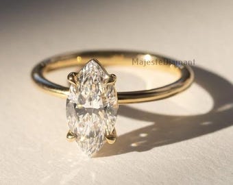 1.50CT Marquise-Cut Lab Grown Diamond Bridal Solitaire Ring, 10K Solid Yellow Gold Promise Ring, Certified Diamond Engagement Ring For Women