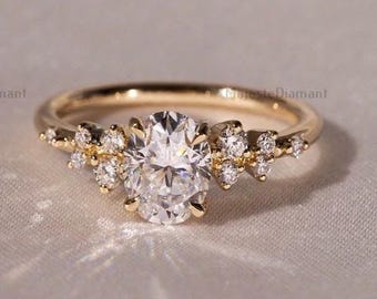 1.00CT Oval Cut Lab Grown Diamond Engagement Ring, Unique Cluster Diamond Ring, 18K Yellow Gold Ring, Bridal Jewelry, Proposal Ring For Her