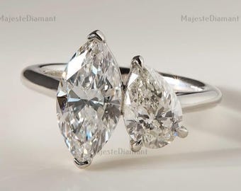 Marquise & Pear Cut Lab Grown Diamond Toi Et Moi Ring, 10K Solid Yellow Gold, Two Diamond Ring, Wedding Bridal Jewelry, Certified Diamond