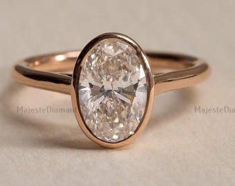 2.00 CT Oval Cut Solitaire Diamond Ring, Lab Grown Diamond, 10K Solid Yellow Gold Full Bezel Oval Engagement Ring, Anniversary Gift For Her