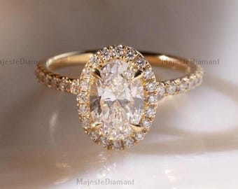 1.50 CT IGI Certified Oval Cut Diamond Solitaire With Accent Ring, Halo Diamond Ring, 14K Solid Yellow Gold Proposal Ring, Engagement Ring