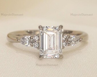 1.50 CT IGI Certified Emerald Cut Diamond Cluster Ring, Lab Grown Diamond Ring, 18K Solid White Gold Engagement Ring, Unique Bridal Jewelry