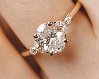 2.00 CT Oval Cut Lab Grown Diamond Cluster Ring, 14K Solid Yellow Gold HPHT Diamond Ring, Unique Engagement Ring, Proposal Ring For Women