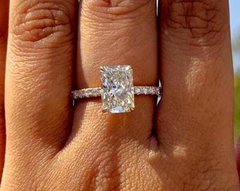 2.5CT Radiant Cut Lab Grown Diamond Solitaire With Accent Ring, 14K Yellow Gold Hidden Halo Wedding Ring, Anniversary Gift, Jewelry Ring