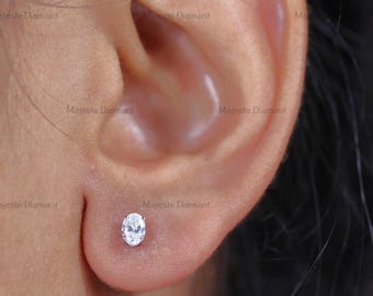Oval-Cut Lab Created Diamond Solitaire Earrings, 14K Solid White Gold Stud Diamond Earrings, Dainty Women Earrings, Engagement Gift Earrings