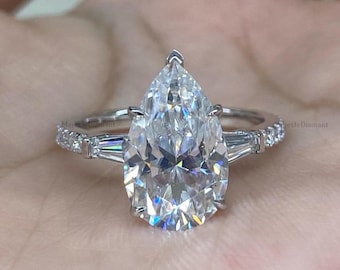 2.00 CT Pear Cut Lab Grown Diamond Three Stone Ring, 14K Solid Yellow Gold Solitaire With Accent Ring, Trilogy CVD Diamond Wedding Ring