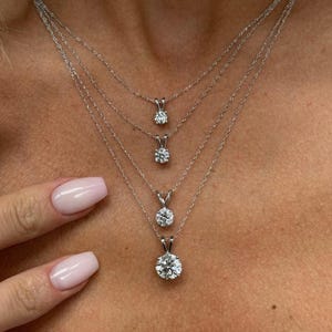 Round Cut Diamond Solitaire Dainty 14K White Gold Necklace Pendant Including Chain 1-5 Carat Lab Grown Diamond Necklace For Women