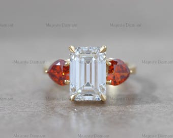 Emerald& Heart Cut Lab Created Diamond Butterfly Style Wedding Ring, 10K Solid White Gold Unique Women Ring, Proposal CVD Diamond Ring