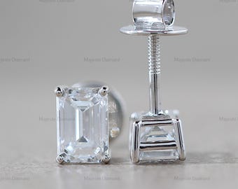 1.00 CTW Emerald CVD Diamond Solitaire Earrings, 14K Solid White Gold Stud Earrings, Screw Back Earrings, Anniversary Gift, Earrings For Her