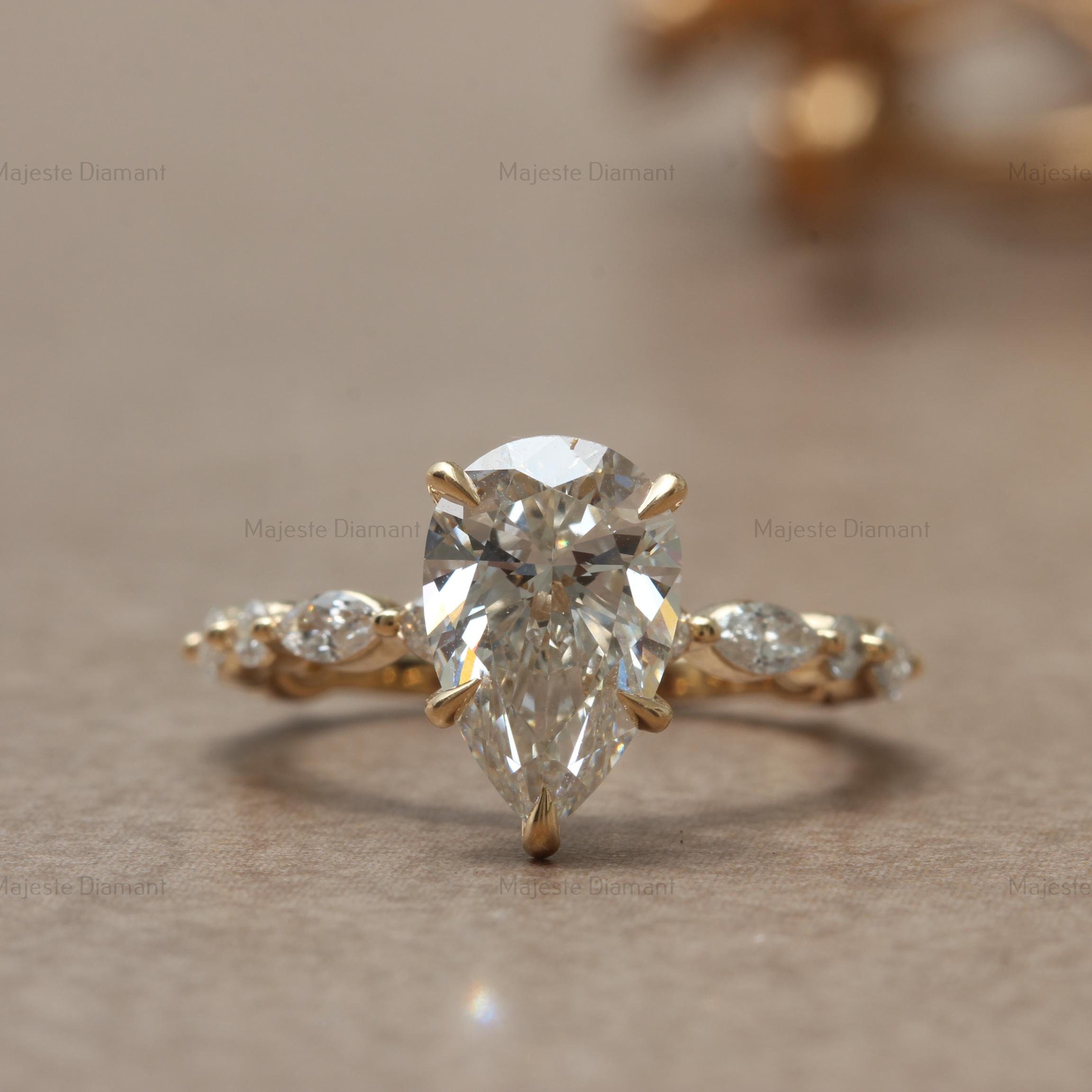 Pear-cut lab-grown Diamond Solitaire With Accent Ring, 10K Solid Yellow Gold CVD Diamond Ring, GAI Certified Diamond Ring, Engagement Ring