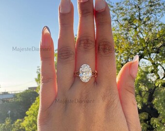 Anillo de compromiso con diamante creado en laboratorio de talla ovalada de 4,00 quilates, anillo de bodas con halo oculto en oro amarillo macizo de 14 quilates, anillo de compromiso con diamante con certificación GIA