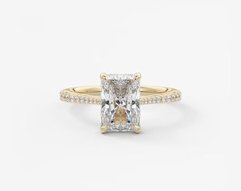 4.00CT Radiant Lab Created Diamond Solitaire With Tapered Band, 14K Solid White Gold Compass Prong Ring, Hidden Halo Diamond Wedding Ring