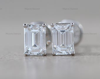1.50 CTW Emerald Cut Diamond Stud Earrings, 14K Solid White Gold Earrings, One Diamond Earrings, Unique Women Earrings, Certified Earrings