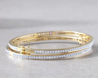 Round Cut Lab Created Diamond Bangles And Bracelet, 18K Solid Yellow Gold CVD Diamond Bracelet, Unique Women Diamond Bracelet, Wedding Gift