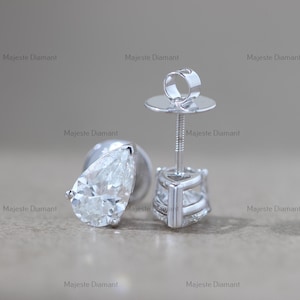 Pear Cut Lab Grown Diamond Solitaire Stud Earrings, 14K Solid White Gold Screw Back Earring ready to ship for gifts