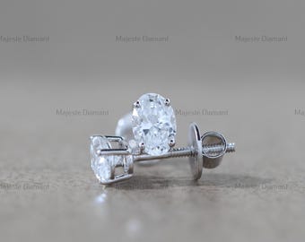 1.00 CTW Oval Cut Diamond Solitaire Stud Earrings, 14K Solid White Screw Back Gold Earrings, CVD Diamond Earrings, Anniversary Gift For Her