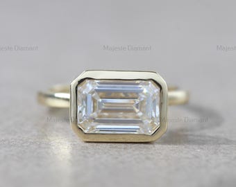 2.50 CTW East West Emerald Cut Lab Created Diamond Full Bezel Ring, 18K Solid Yellow Gold Solitaire Engagement Ring, Gold Women Ring For Her