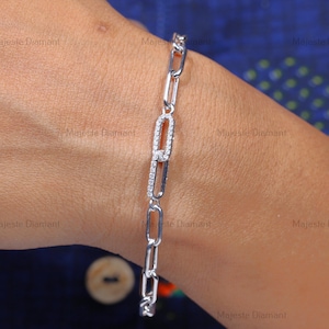 Rund geschnitten Labor erstellt Diamant Büroklammer Link-Armband, 10K Weißgold CVD Diamant Armband, einzigartige Frauen Armband, Hochzeitsgeschenk für sie