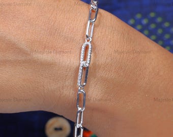 Bracciale con maglie a graffetta e diamanti taglio rotondo creati in laboratorio, bracciale in oro bianco 10 carati con diamanti CVD, bracciale da donna unico, regalo di nozze per lei