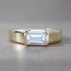 2.00 CTW East West Emerald Cut IGI Certified Half Bezel Solitaire Ring, 18K Solid Yellow Gold Dome Style Ring, Lab Grown Diamond Men&#39;s Ring