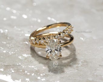 2 CT Oval Lab-Grown Diamond Hidden Halo Ring, 10K Yellow Gold Half Eternity Matching Band, Bridal Ring Set, Wedding Ring Set, Gift For Wife
