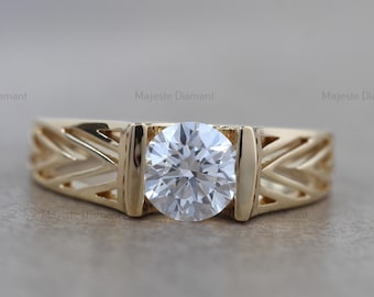 1.50 CTW Round Cut Lab Created Diamond Solitaire Ring, 10K Solid Yellow Gold Thick Wide Luxury Ring, Bar Setting Engagement Ring For Men's