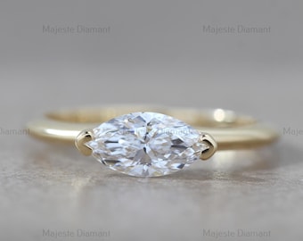 East West Marquise Cut Lab Grown Diamond Half Bezel Solitaire Ring, 10K Solid Yellow Gold Dantiy Wedding Ring, Certified One Diamond Ring