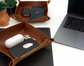 Office and desk organizer, leather tray made of natural cowhide, perfect as home decor for storing everyday items.