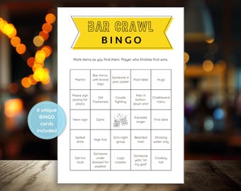Bingo en bares / Búsqueda del tesoro en bares / Tarjetas de bingo imprimibles para bares / Bingo en bares para cualquier ocasión / 8 tarjetas de bingo únicas