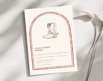 Invitación de primer cumpleaños de rodeo para fiesta temática de primer cumpleaños de vaquero Invitación editable de Canva para el primer cumpleaños del bebé
