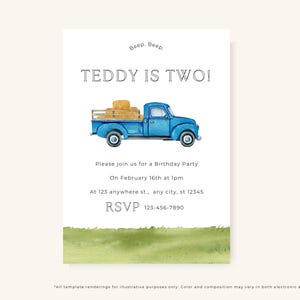 Blue Farm Truck Birthday Invitation TEMPLATE for Birthdays | Editable Watercolor Birthday Invitation for Boys and Girls