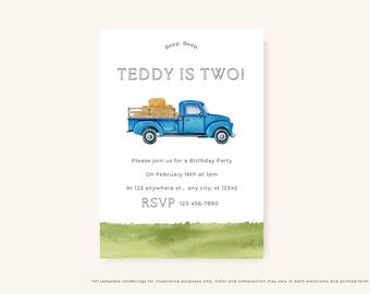 Plantilla de invitación de cumpleaños con diseño de camión de granja azul para cumpleaños / Invitación de cumpleaños editable en acuarela para niños y niñas