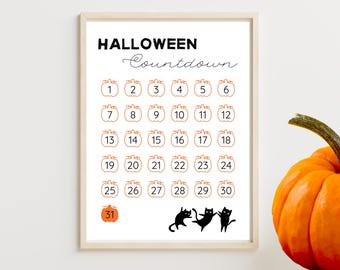 Hoja de cuenta regresiva de Halloween para niños / Actividad de Halloween para el aula / Calendario de Halloween / Adviento de Halloween / Calendario para colorear de Halloween