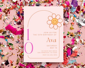 Invitación de cumpleaños número 10 de Flower Power para fiesta de cumpleaños de niñas, descarga digital editable para fiesta infantil, plantilla de cumpleaños retro personalizable
