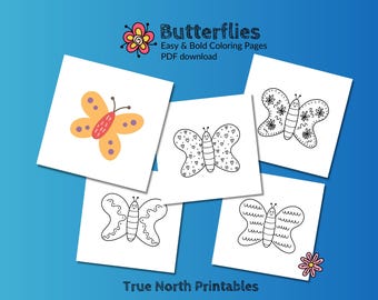 Páginas para colorear atrevidas y fáciles para niños pequeños, páginas para colorear de mariposas, perfectas para colorear en primavera y verano