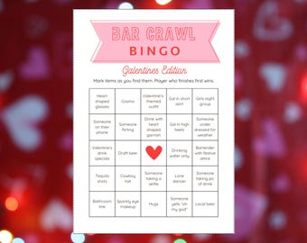 Bingo de bar crawl para el día de San Valentín, búsqueda del tesoro de bar crawl, tarjetas de bingo imprimibles para bar crawls, 8 tarjetas de bingo únicas, bingo de San Valentín