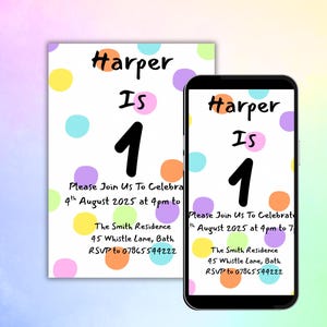 1st Birthday Invitation Girl – Digital Editable Rainbow Colored Polka Dot Party Invite - for Any Age, 1st Birthday Evite, Baby Girl Party