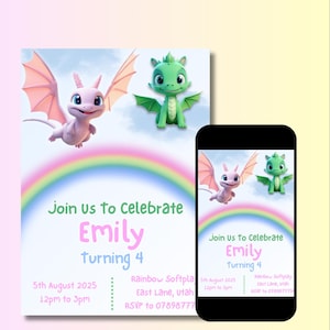 Invitación de cumpleaños de dragón editable – Descarga instantánea – Invitación de fiesta de fantasía de bebé dragón – Invitación digital para octavo cumpleaños – Personalizable para niños