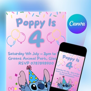 Editable Stitch Invitation, Stitch Invite for Birthday Party, Pink 4th Birthday Invite, Printable Invitation on Canva, Stitch Party Evite,